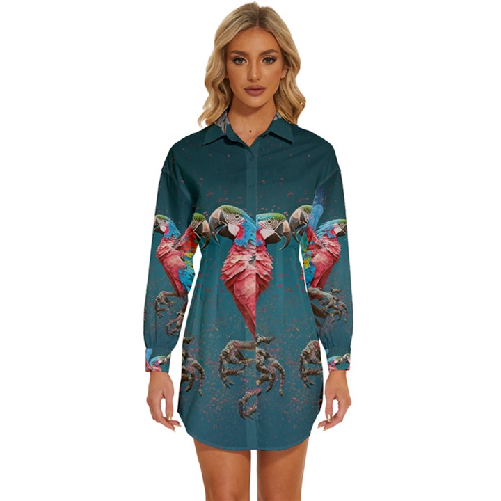 Birds Parrots Love Ornithology Species Fauna Womens Long Sleeve Shirt Dress