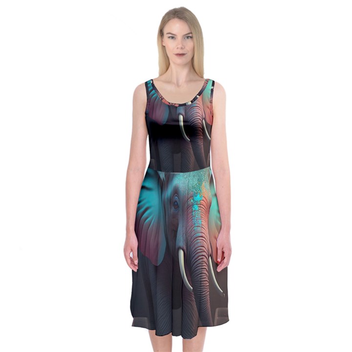 Elephant Tusks Trunk Wildlife Africa Midi Sleeveless Dress