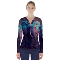 Elephant Tusks Trunk Wildlife Africa V-neck Long Sleeve Top by Ndabl3x