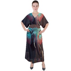 Elephant Tusks Trunk Wildlife Africa V-neck Boho Style Maxi Dress by Ndabl3x