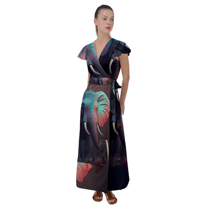 Elephant Tusks Trunk Wildlife Africa Flutter Sleeve Maxi Dress