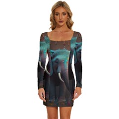 Elephant Tusks Trunk Wildlife Africa Long Sleeve Square Neck Bodycon Velvet Dress by Ndabl3x