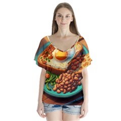 Breakfast Egg Beans Toast Plate V-neck Flutter Sleeve Top by Ndabl3x