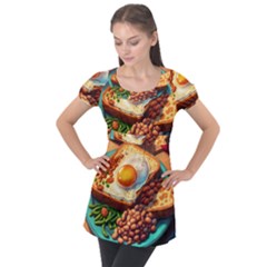 Breakfast Egg Beans Toast Plate Puff Sleeve Tunic Top by Ndabl3x