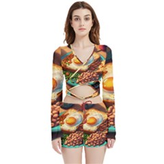 Breakfast Egg Beans Toast Plate Velvet Wrap Crop Top And Shorts Set by Ndabl3x