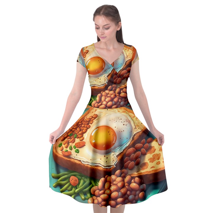 Breakfast Egg Beans Toast Plate Cap Sleeve Wrap Front Dress