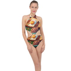 Breakfast Egg Beans Toast Plate Halter Side Cut Swimsuit by Ndabl3x