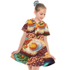 Breakfast Egg Beans Toast Plate Kids  Short Sleeve Shirt Dress by Ndabl3x