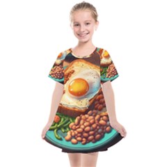 Breakfast Egg Beans Toast Plate Kids  Smock Dress by Ndabl3x