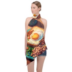 Breakfast Egg Beans Toast Plate Halter Asymmetric Satin Top by Ndabl3x