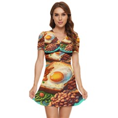 Breakfast Egg Beans Toast Plate V-neck High Waist Chiffon Mini Dress by Ndabl3x