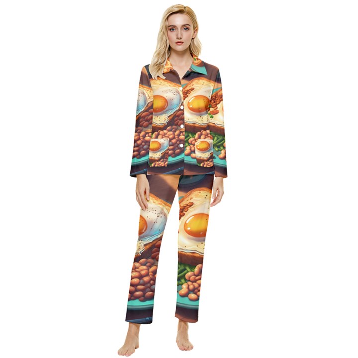 Breakfast Egg Beans Toast Plate Womens  Long Sleeve Velvet Pocket Pajamas Set