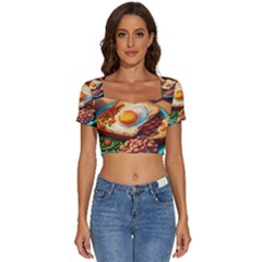 Breakfast Egg Beans Toast Plate Short Sleeve Square Neckline Crop Top 