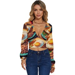 Breakfast Egg Beans Toast Plate Long Sleeve Deep-v Velour Top by Ndabl3x