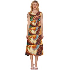 Breakfast Egg Beans Toast Plate V-neck Drawstring Shoulder Sleeveless Maxi Dress