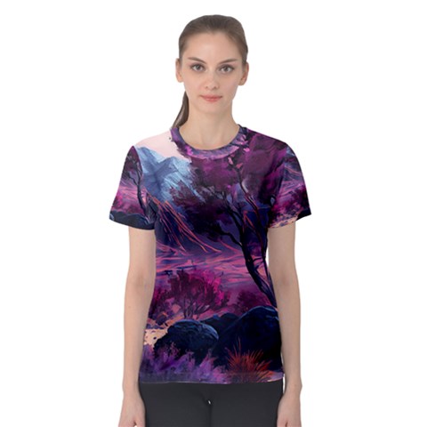 Landscape Painting Purple Tree Women s Sport Mesh Tee by Ndabl3x