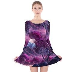 Landscape Painting Purple Tree Long Sleeve Velvet Skater Dress by Ndabl3x