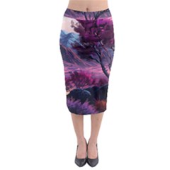 Landscape Painting Purple Tree Midi Pencil Skirt by Ndabl3x