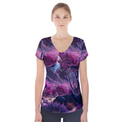 Landscape Painting Purple Tree Short Sleeve Front Detail Top by Ndabl3x