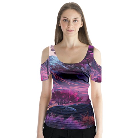 Landscape Painting Purple Tree Butterfly Sleeve Cutout Tee  by Ndabl3x