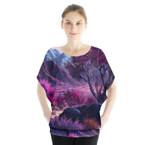 Landscape Painting Purple Tree Batwing Chiffon Blouse by Ndabl3x