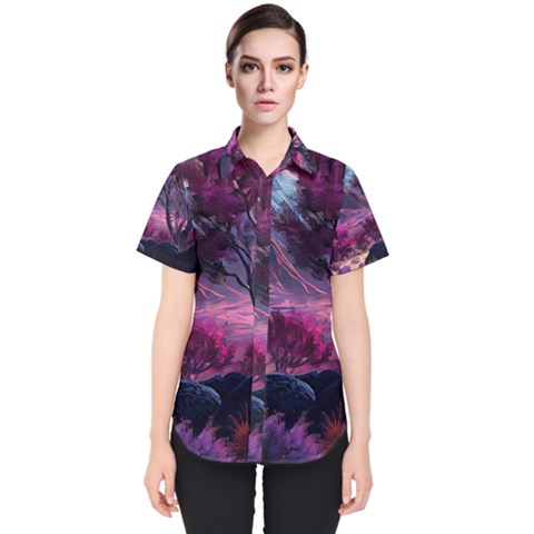 Landscape Painting Purple Tree Women s Short Sleeve Shirt by Ndabl3x