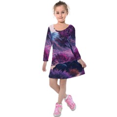 Landscape Painting Purple Tree Kids  Long Sleeve Velvet Dress by Ndabl3x