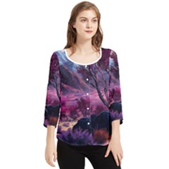 Landscape Painting Purple Tree Chiffon Quarter Sleeve Blouse by Ndabl3x