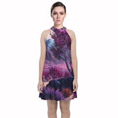 Landscape Painting Purple Tree Velvet Halter Neckline Dress  by Ndabl3x