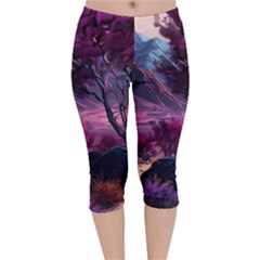 Landscape Painting Purple Tree Velvet Capri Leggings  by Ndabl3x