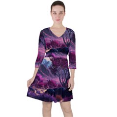 Landscape Painting Purple Tree Quarter Sleeve Ruffle Waist Dress by Ndabl3x