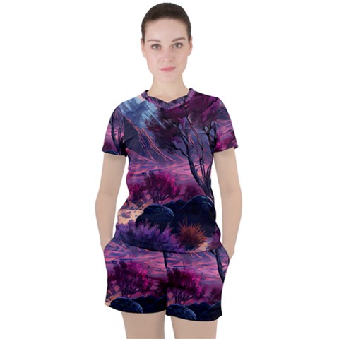 Landscape Painting Purple Tree Women s Tee And Shorts Set by Ndabl3x