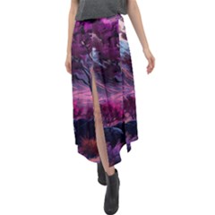 Landscape Painting Purple Tree Velour Split Maxi Skirt by Ndabl3x