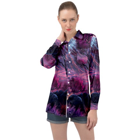 Landscape Painting Purple Tree Long Sleeve Satin Shirt by Ndabl3x