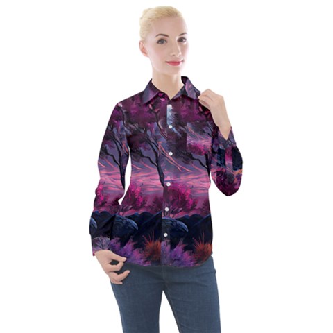 Landscape Painting Purple Tree Women s Long Sleeve Pocket Shirt by Ndabl3x