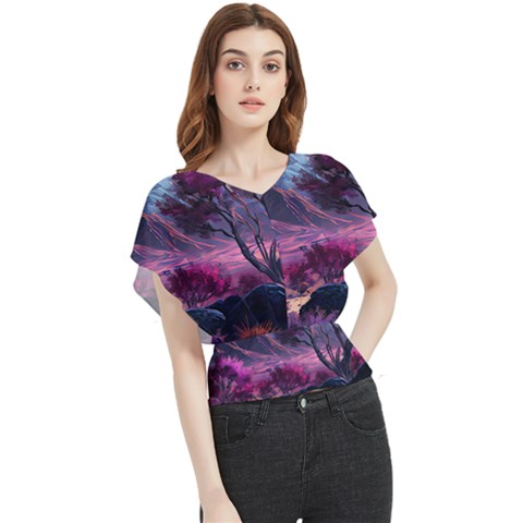 Landscape Painting Purple Tree Butterfly Chiffon Blouse by Ndabl3x