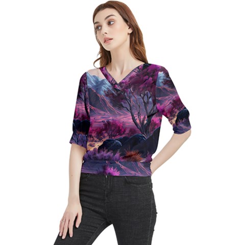 Landscape Painting Purple Tree Quarter Sleeve Blouse by Ndabl3x