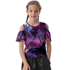 Landscape Painting Purple Tree Kids  Butterfly Cutout Tee by Ndabl3x