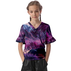 Landscape Painting Purple Tree Kids  V-neck Horn Sleeve Blouse by Ndabl3x