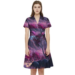 Landscape Painting Purple Tree Short Sleeve Waist Detail Dress by Ndabl3x