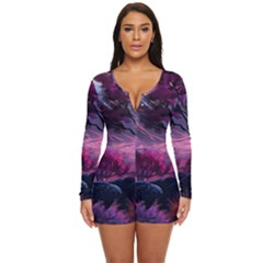 Landscape Painting Purple Tree Long Sleeve Boyleg Swimsuit by Ndabl3x