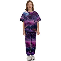 Landscape Painting Purple Tree Kids  Tee And Pants Sports Set by Ndabl3x