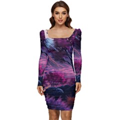 Landscape Painting Purple Tree Women Long Sleeve Ruched Stretch Jersey Dress by Ndabl3x