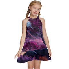 Landscape Painting Purple Tree Kids  Halter Collar Waist Tie Chiffon Dress by Ndabl3x