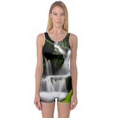 Waterfall Moss Korea Mountain Valley Green Forest One Piece Boyleg Swimsuit by Ndabl3x