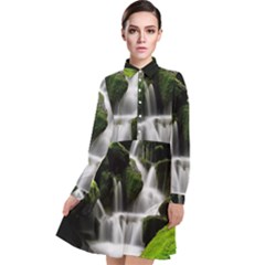 Waterfall Moss Korea Mountain Valley Green Forest Long Sleeve Chiffon Shirt Dress