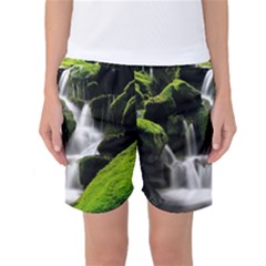 Waterfall Moss Korea Mountain Valley Green Forest Women s Basketball Shorts by Ndabl3x