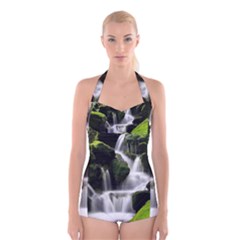 Waterfall Moss Korea Mountain Valley Green Forest Boyleg Halter Swimsuit  by Ndabl3x