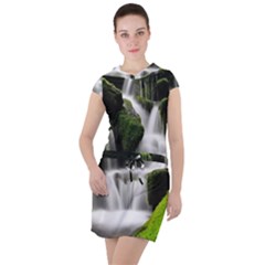 Waterfall Moss Korea Mountain Valley Green Forest Drawstring Hooded Dress by Ndabl3x