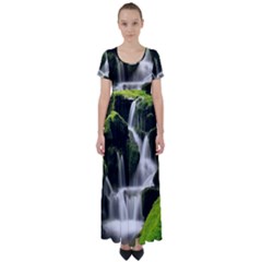 Waterfall Moss Korea Mountain Valley Green Forest High Waist Short Sleeve Maxi Dress by Ndabl3x